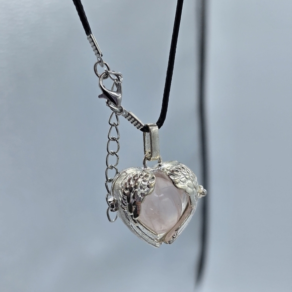 Pink Rose Quartz Crystal Sphere w/ Angel Wings Locket Necklace - Picture 2 of 7
